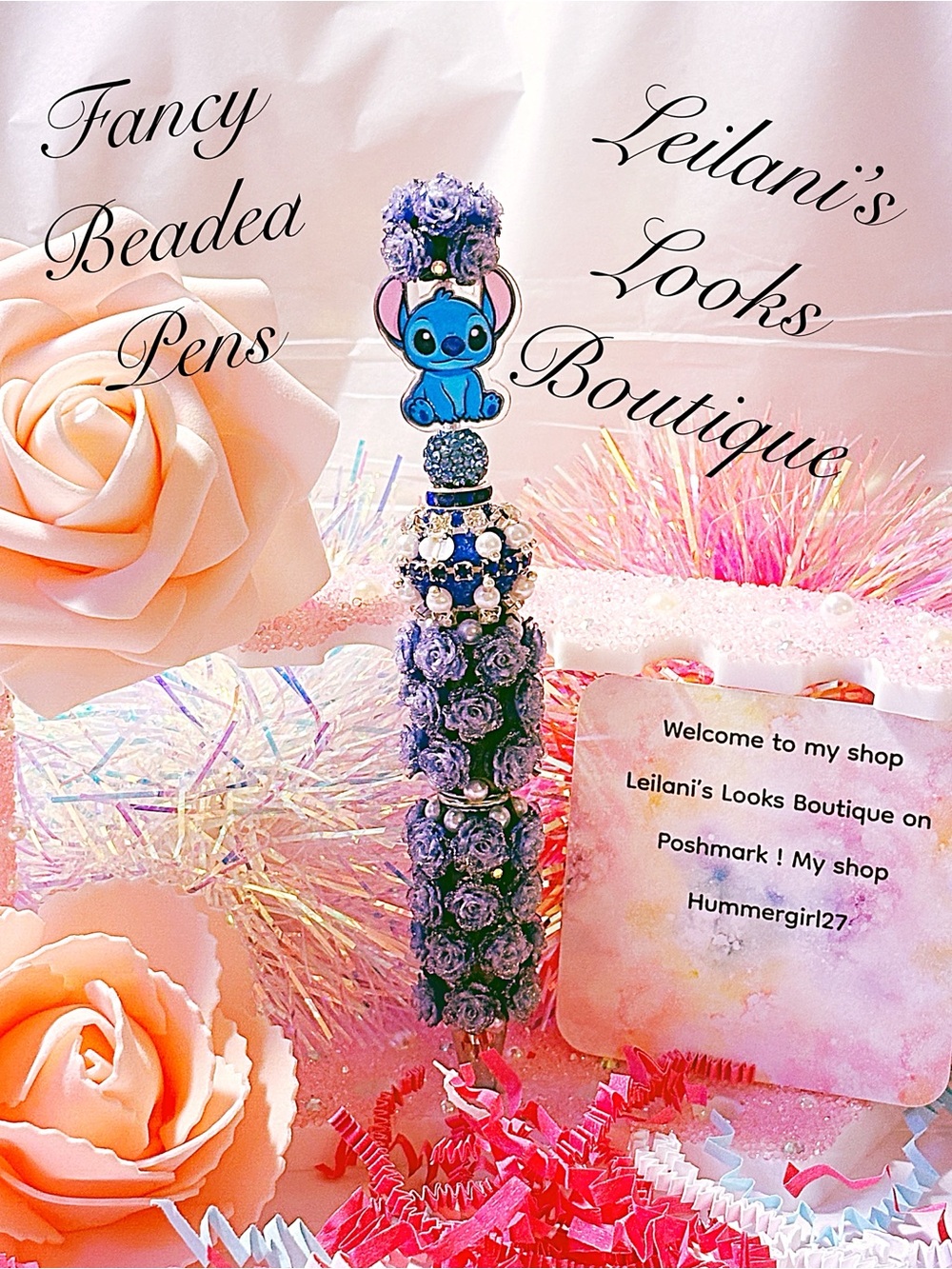 Blue Beaded Decorative Pen with Stitch Charm/Fancy beaded Pen/gifts